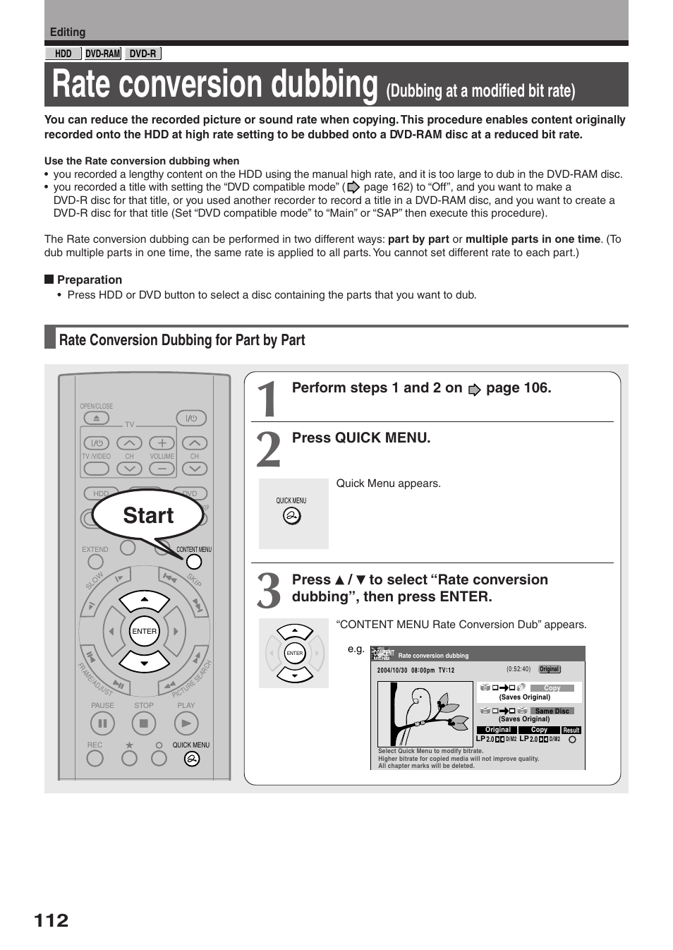 Rate conversion dubbing, Start, Dubbing at a modified bit rate) | Rate conversion dubbing for part by part, Press quick menu | Toshiba RD-XS52SC User Manual | Page 112 / 179