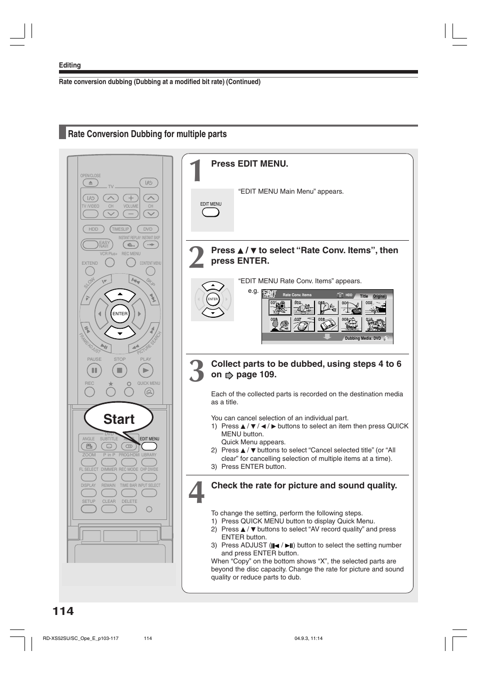 Start, Rate conversion dubbing for multiple parts, Press edit menu | Check the rate for picture and sound quality | Toshiba RD-XS52SC User Manual | Page 114 / 179