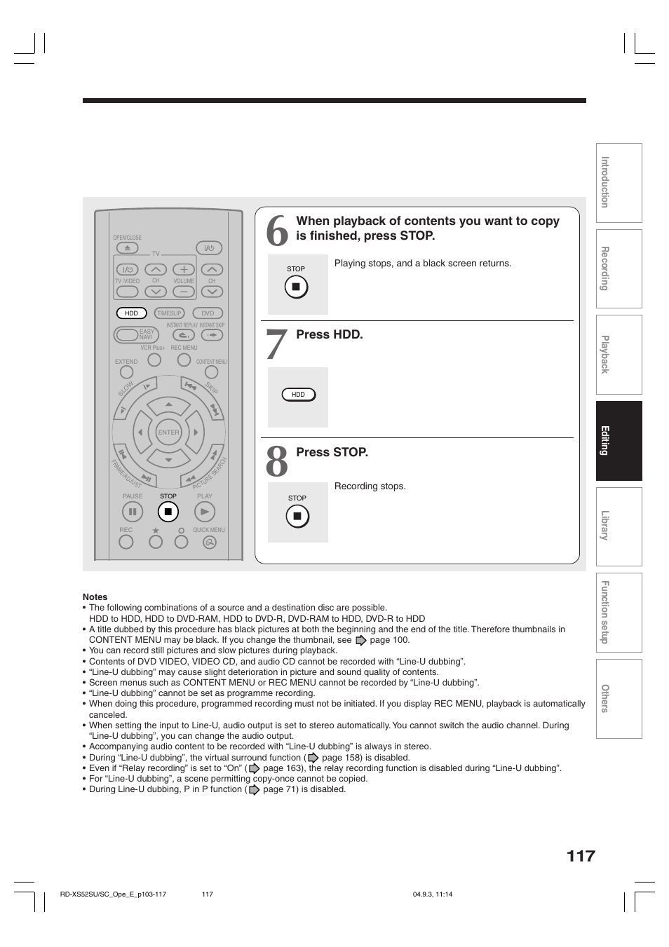 Press hdd, Press stop | Toshiba RD-XS52SC User Manual | Page 117 / 179