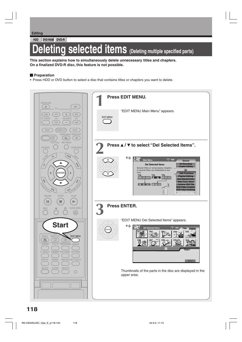 Deleting selected items, Start, Deleting multiple specified parts) | Press edit menu, Press / to select “del selected items, Press enter, Editing, Preparation | Toshiba RD-XS52SC User Manual | Page 118 / 179