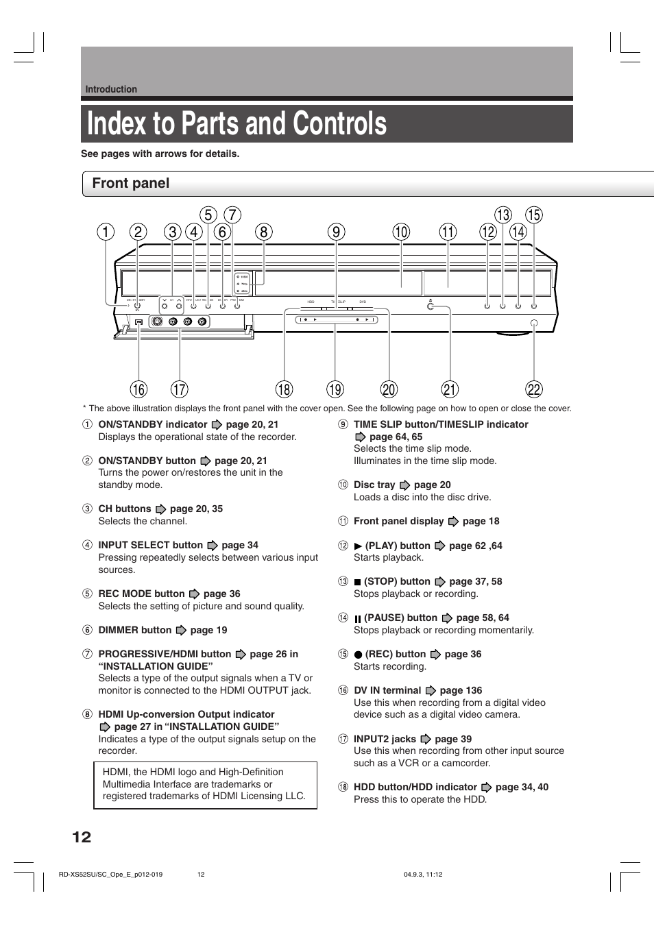 Index to parts and controls, Front panel | Toshiba RD-XS52SC User Manual | Page 12 / 179