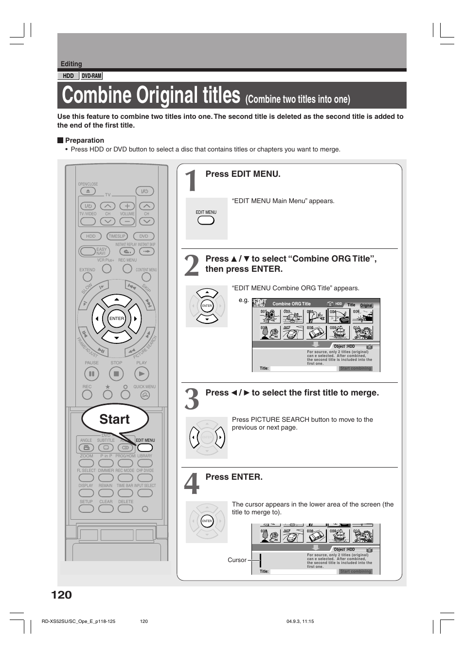 Combine original titles, Start, Combine two titles into one) | Press edit menu, Press / to select the first title to merge, Press enter | Toshiba RD-XS52SC User Manual | Page 120 / 179