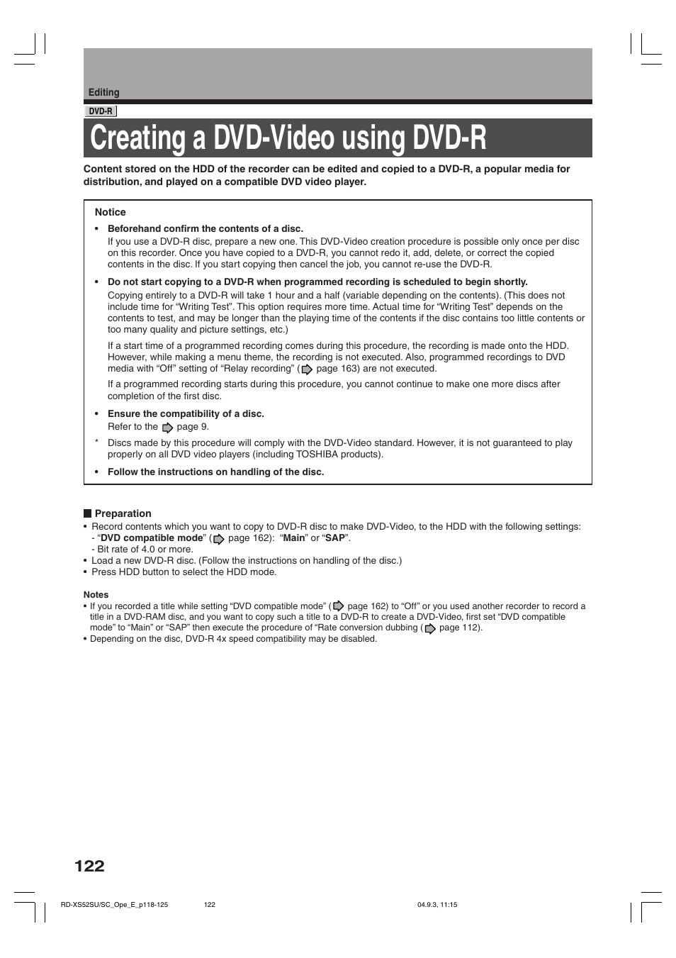 Creating a dvd-video using dvd-r | Toshiba RD-XS52SC User Manual | Page 122 / 179
