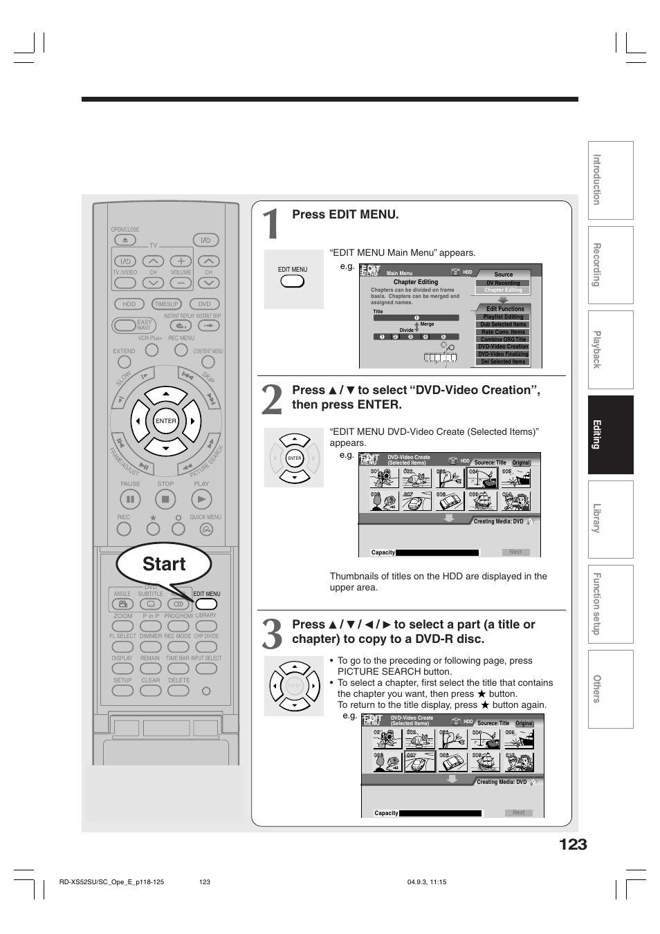 Start, Press edit menu | Toshiba RD-XS52SC User Manual | Page 123 / 179