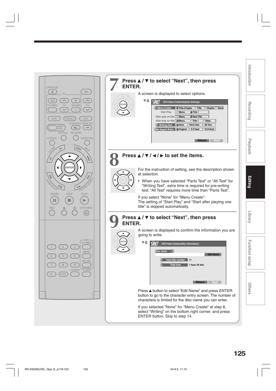 Press / to select “next”, then press enter, Press / / / to set the items | Toshiba RD-XS52SC User Manual | Page 125 / 179