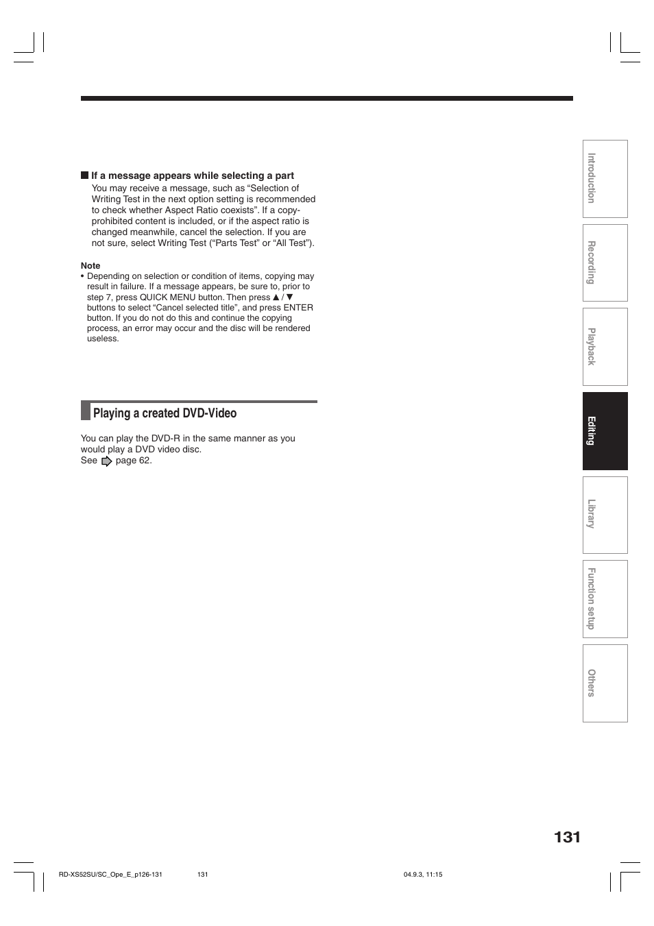 Playing a created dvd-video | Toshiba RD-XS52SC User Manual | Page 131 / 179