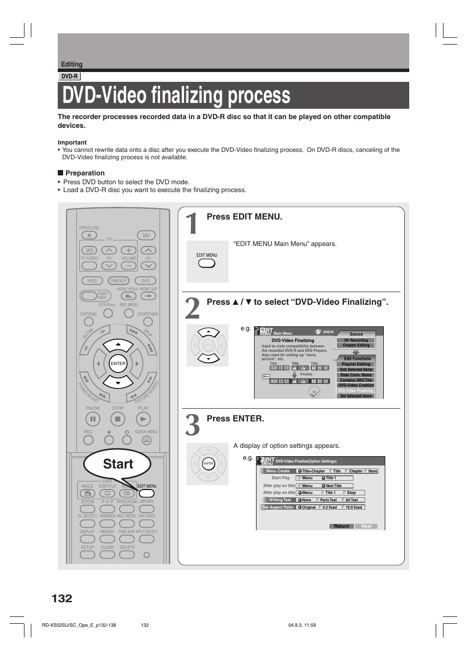 Dvd-video finalizing process, Start, Press edit menu | Press / to select “dvd-video finalizing, Press enter, Preparation, Editing | Toshiba RD-XS52SC User Manual | Page 132 / 179