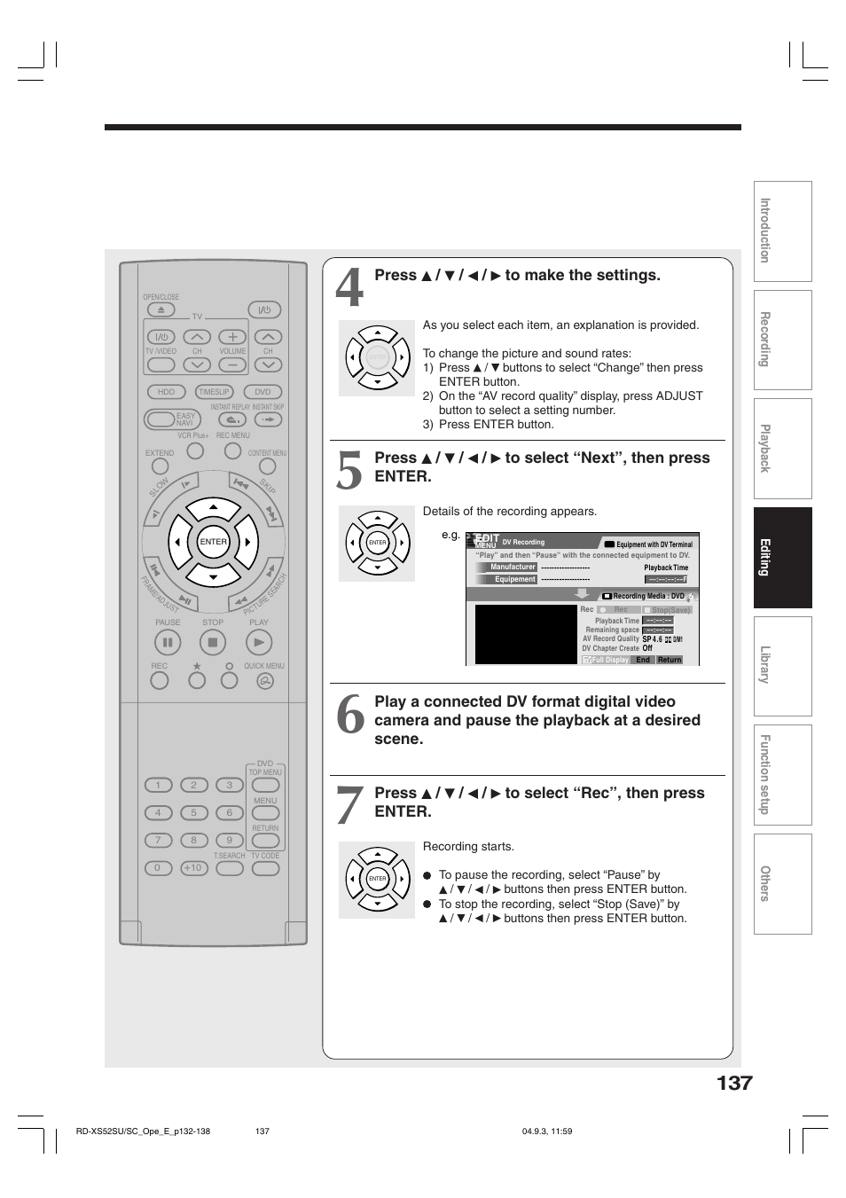 Press / / / to make the settings, Press / / / to select “next”, then press enter, Press / / / to select “rec”, then press enter | Toshiba RD-XS52SC User Manual | Page 137 / 179