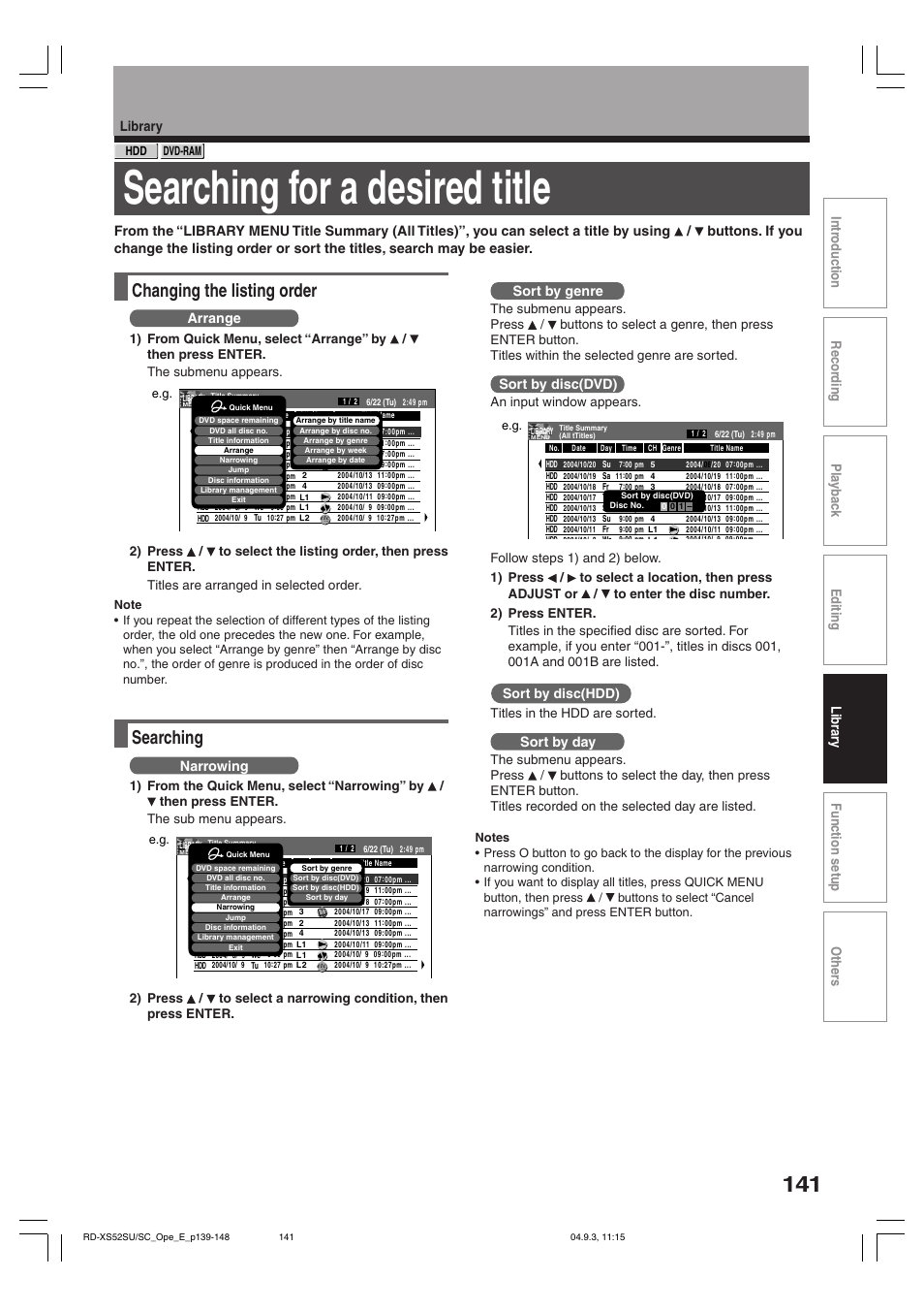 Searching for a desired title, Changing the listing order, Searching | Arrange, Narrowing, Sort by genre, Sort by disc(dvd), Sort by disc(hdd), Sort by day, Titles in the hdd are sorted | Toshiba RD-XS52SC User Manual | Page 141 / 179