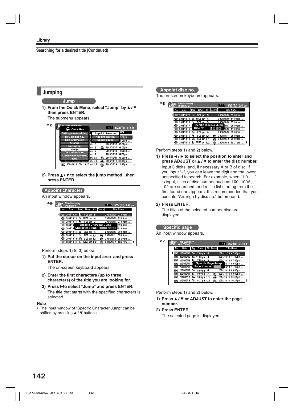 Jumping, Searching for a desired title (continued) library, Jump | Appoint character, Appoint disc no, Specific page | Toshiba RD-XS52SC User Manual | Page 142 / 179