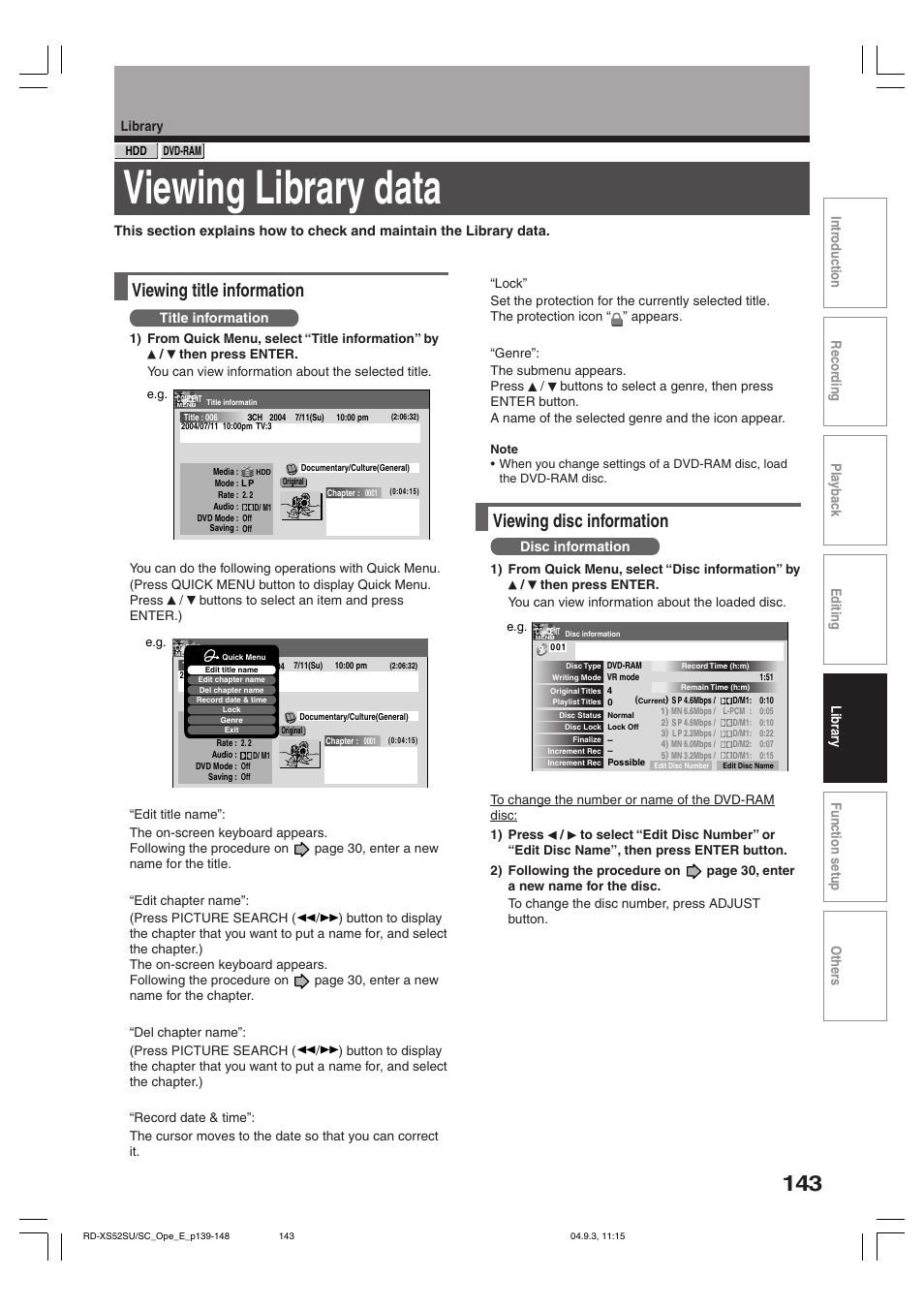 Viewing library data, Viewing title information, Viewing disc information | Library, Title information, Disc information | Toshiba RD-XS52SC User Manual | Page 143 / 179