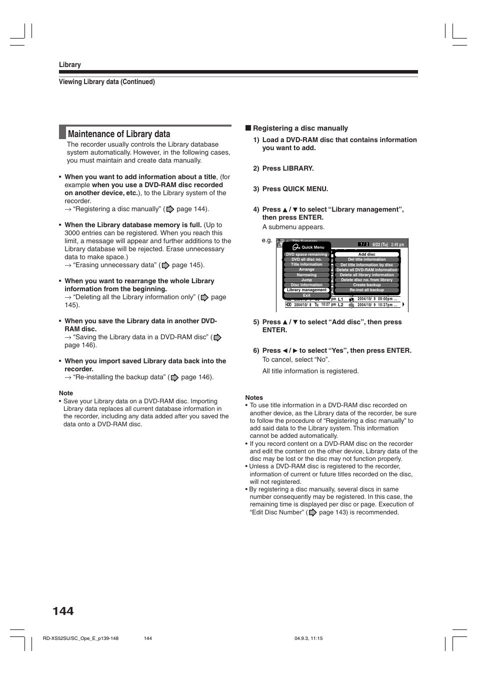 Maintenance of library data, Viewing library data (continued) library, Registering a disc manually | Toshiba RD-XS52SC User Manual | Page 144 / 179