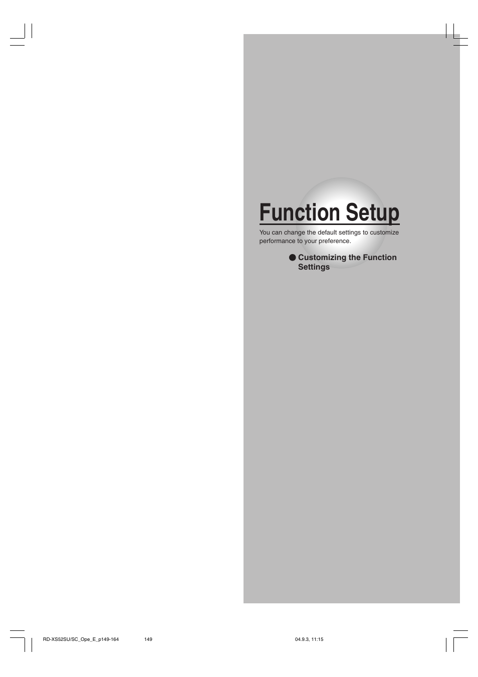 Function setup | Toshiba RD-XS52SC User Manual | Page 149 / 179