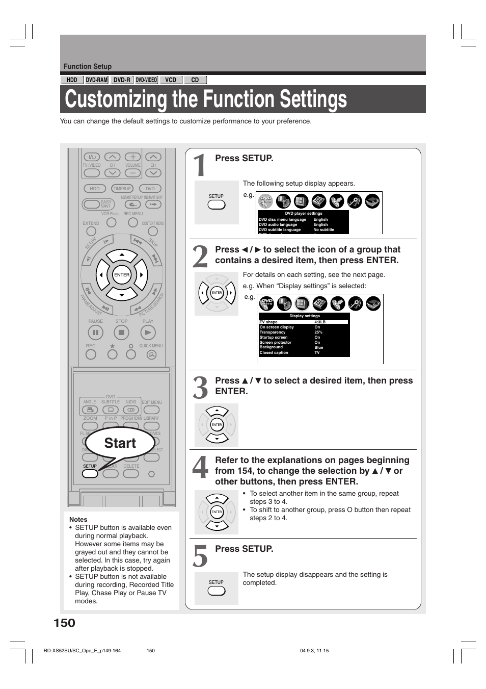 Customizing the function settings, Start, Press setup | Press / to select a desired item, then press enter | Toshiba RD-XS52SC User Manual | Page 150 / 179