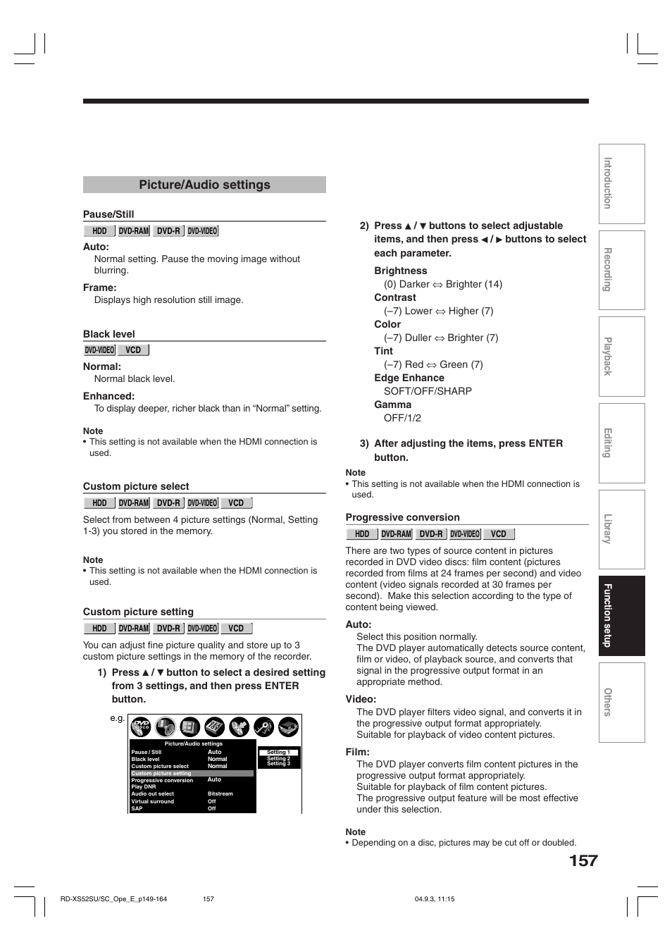 Picture/audio settings | Toshiba RD-XS52SC User Manual | Page 157 / 179
