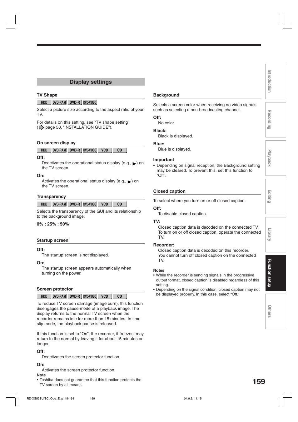 Display settings | Toshiba RD-XS52SC User Manual | Page 159 / 179