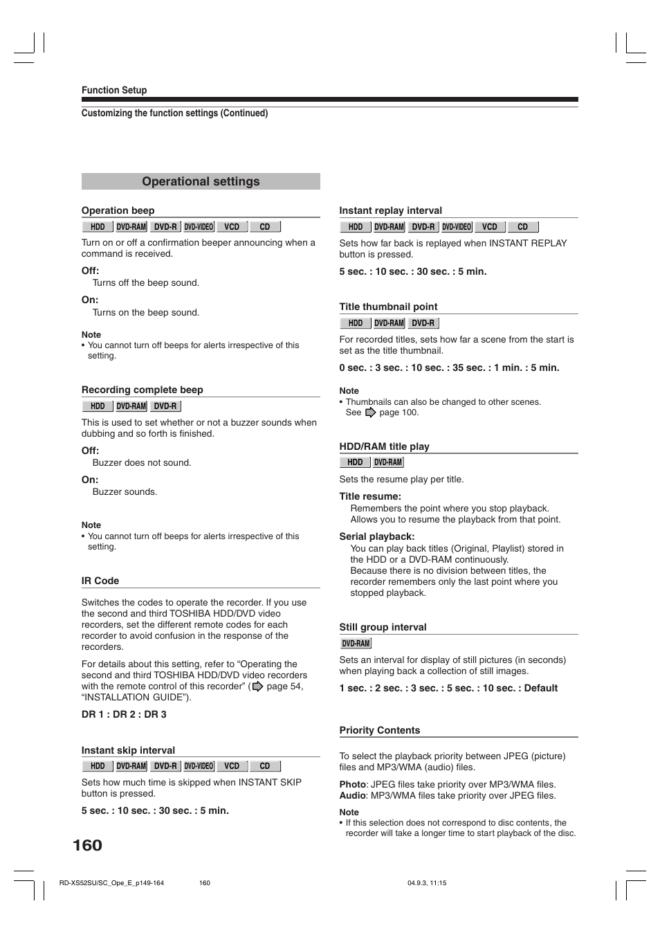Operational settings | Toshiba RD-XS52SC User Manual | Page 160 / 179