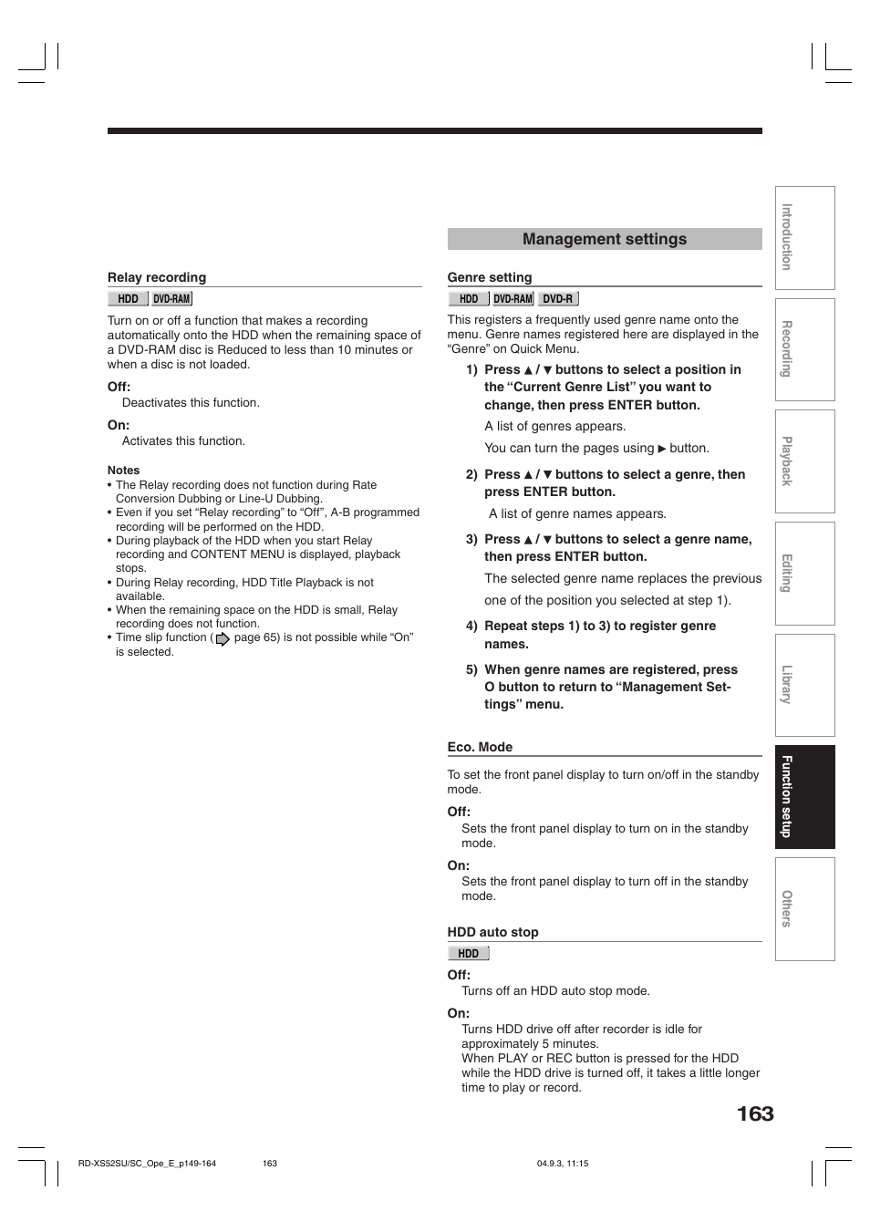 Management settings | Toshiba RD-XS52SC User Manual | Page 163 / 179