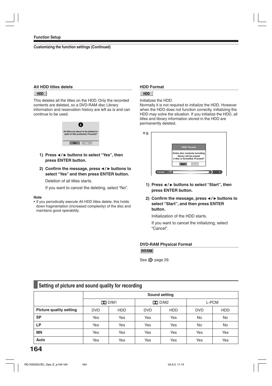 Setting of picture and sound quality for recording | Toshiba RD-XS52SC User Manual | Page 164 / 179