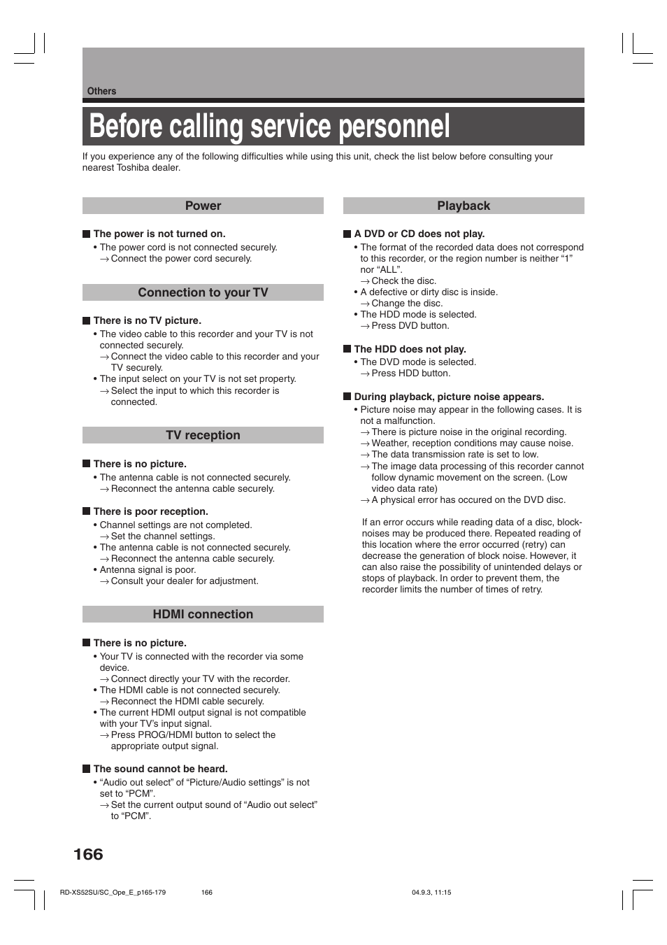 Before calling service personnel | Toshiba RD-XS52SC User Manual | Page 166 / 179