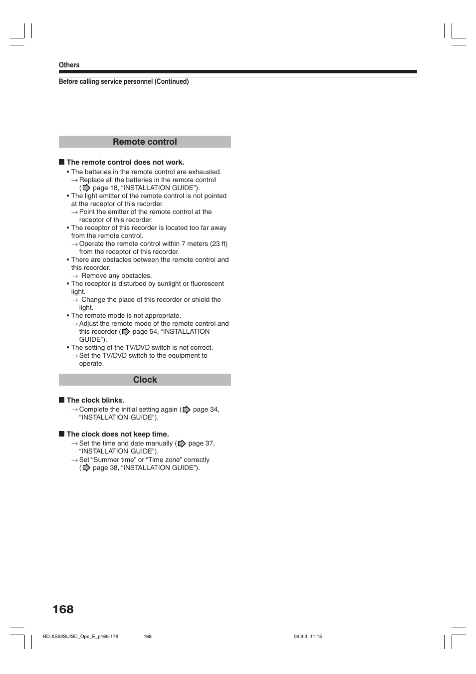 Remote control, Clock | Toshiba RD-XS52SC User Manual | Page 168 / 179