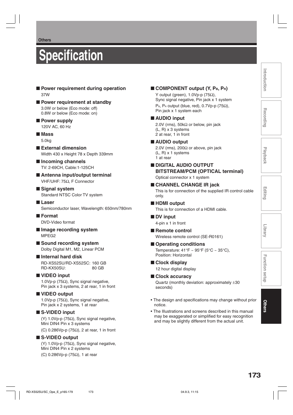 Specification | Toshiba RD-XS52SC User Manual | Page 173 / 179