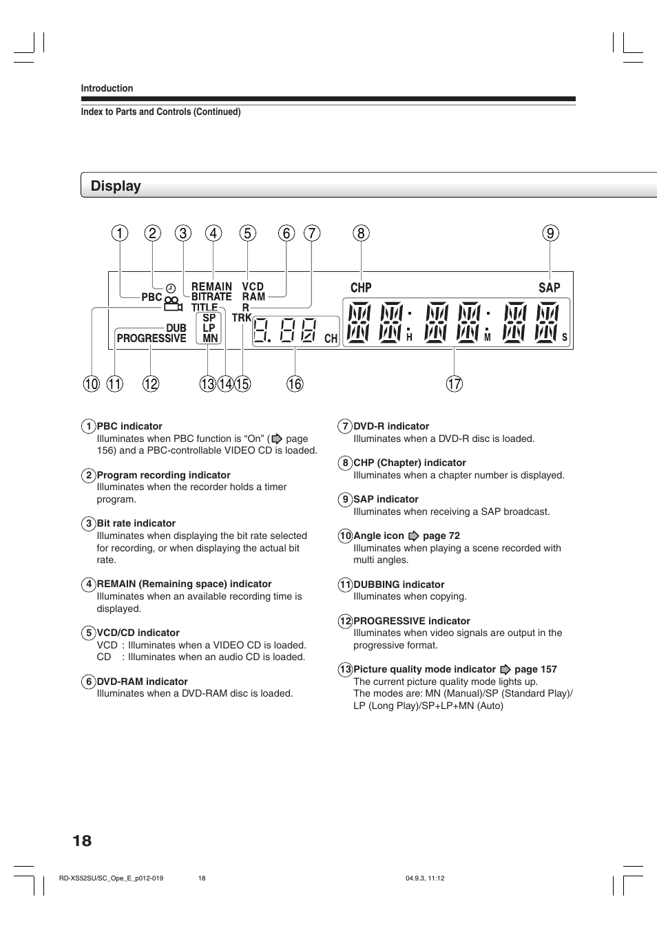 Display | Toshiba RD-XS52SC User Manual | Page 18 / 179
