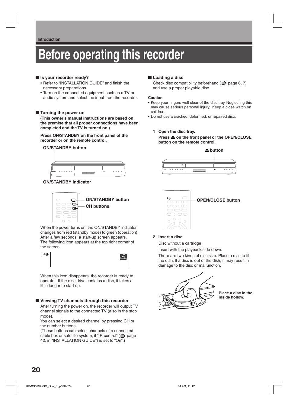 Before operating this recorder | Toshiba RD-XS52SC User Manual | Page 20 / 179