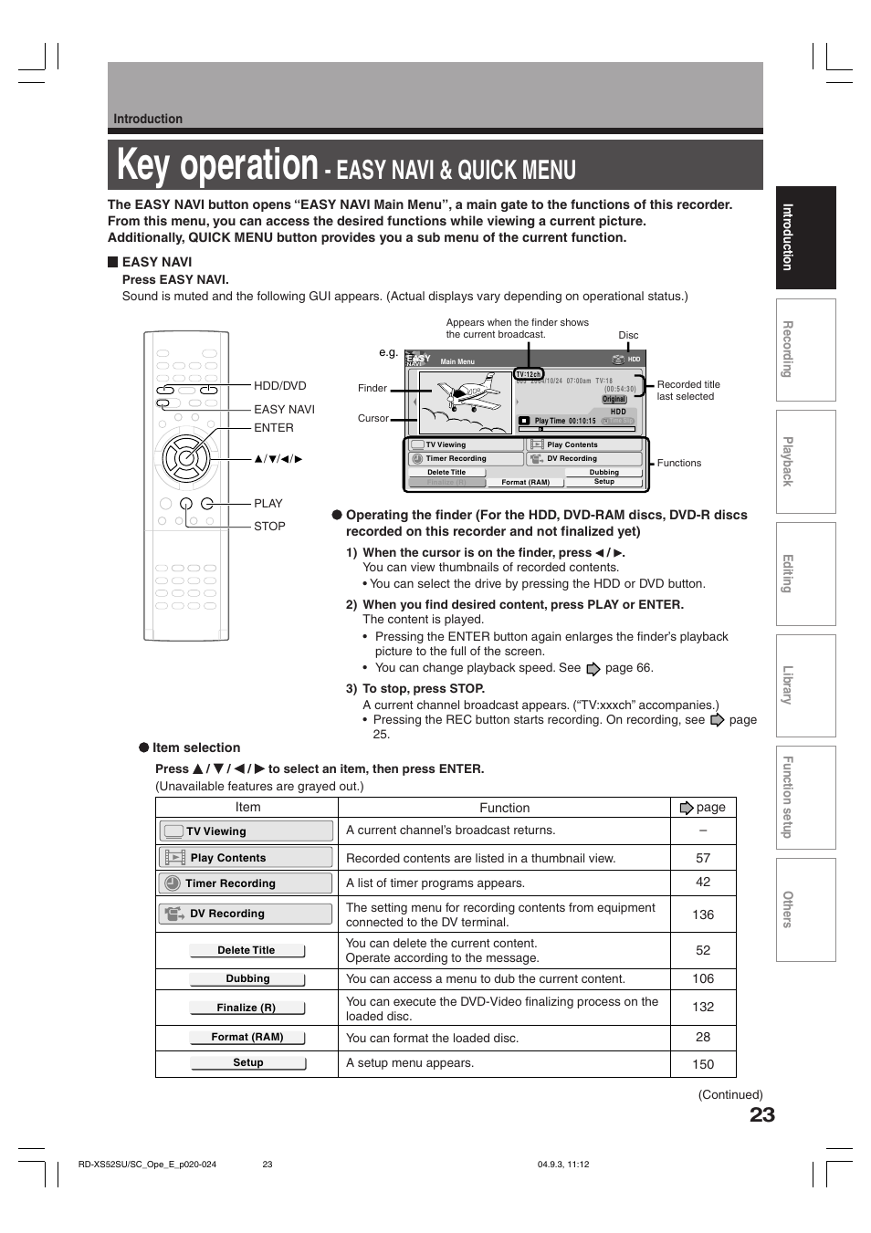 Key operation, Easy navi & quick menu | Toshiba RD-XS52SC User Manual | Page 23 / 179