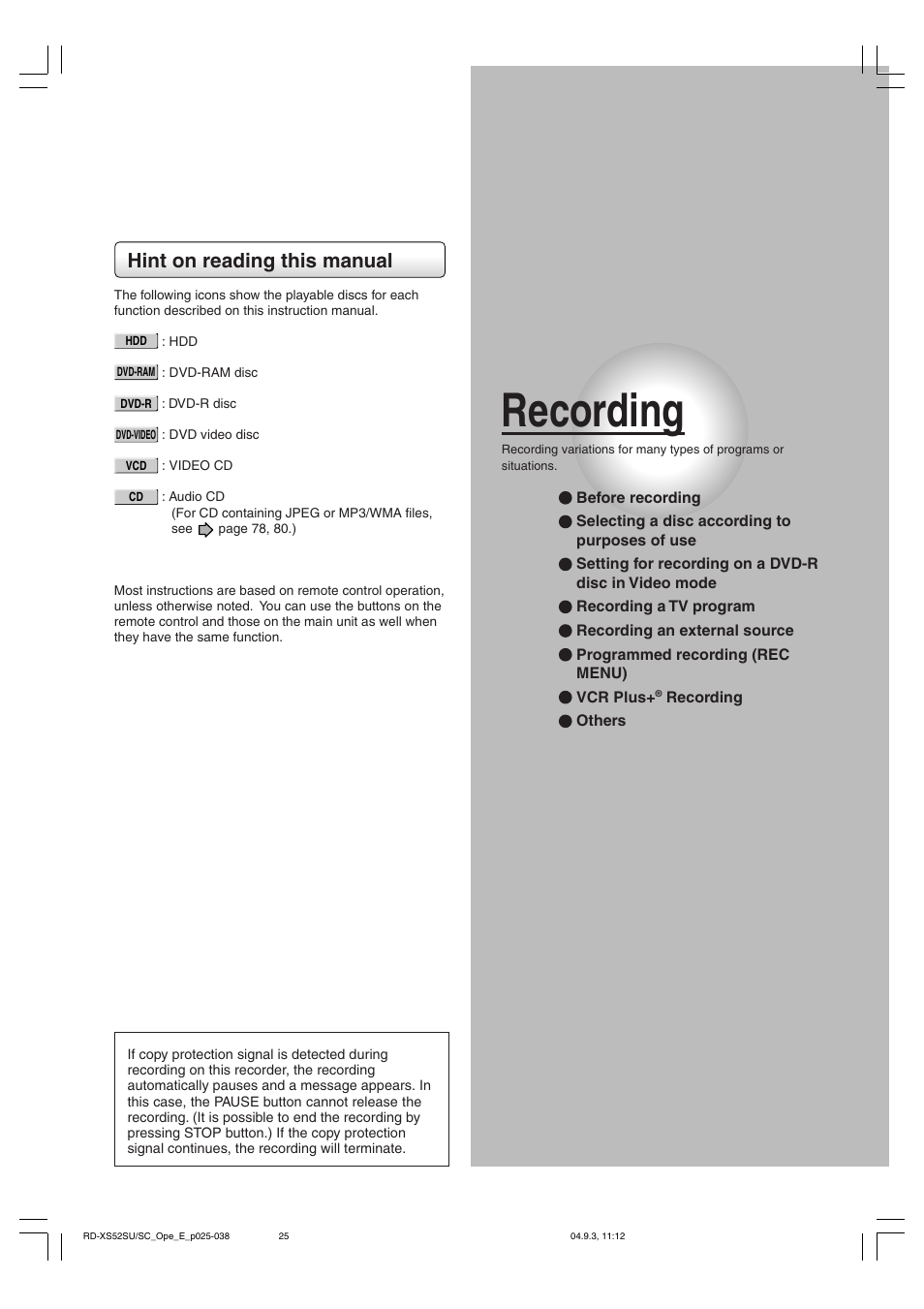 Recording, Hint on reading this manual | Toshiba RD-XS52SC User Manual | Page 25 / 179