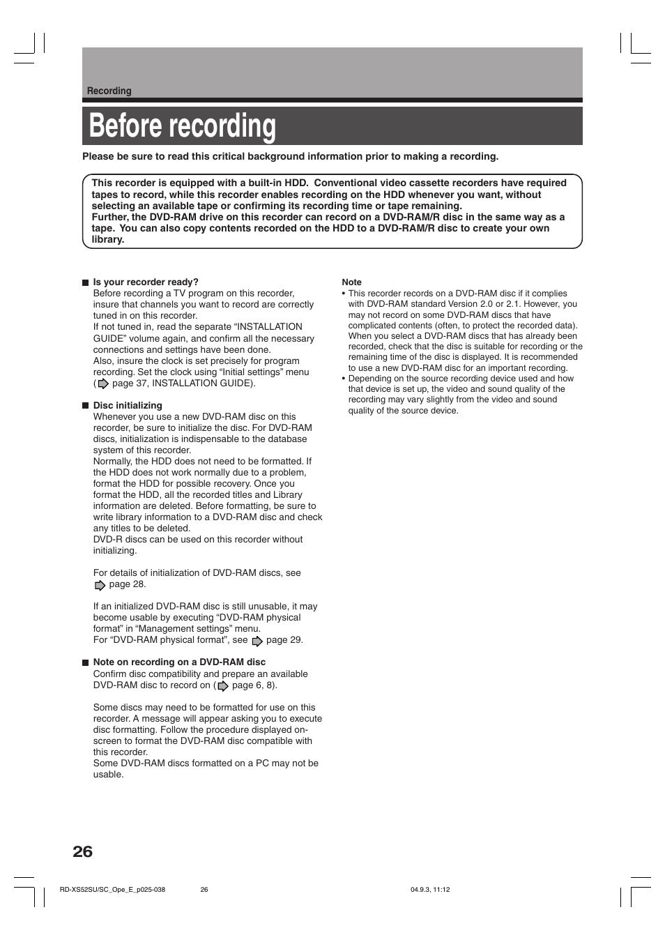 Before recording | Toshiba RD-XS52SC User Manual | Page 26 / 179