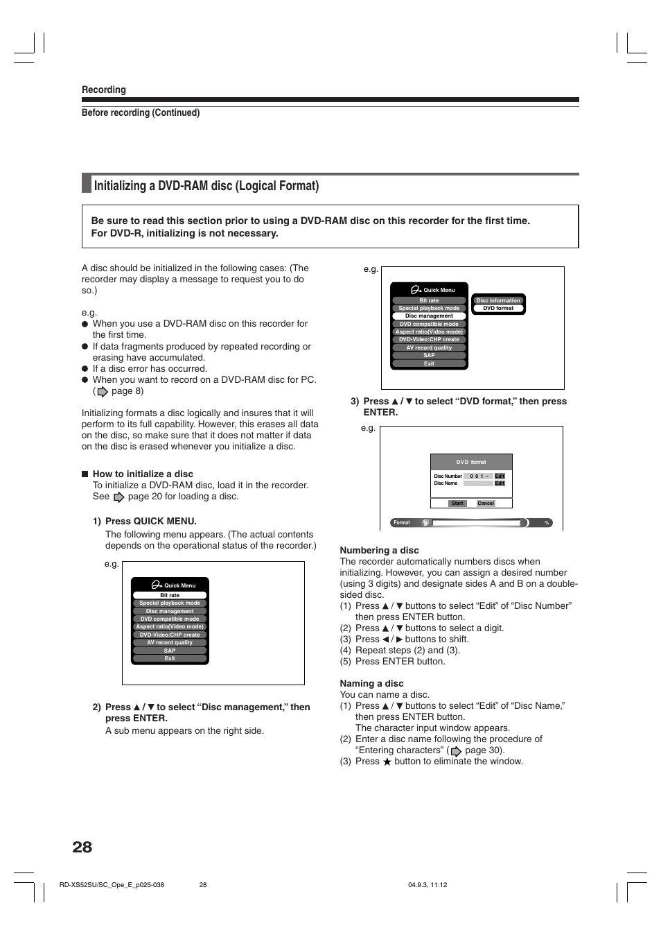Initializing a dvd-ram disc (logical format) | Toshiba RD-XS52SC User Manual | Page 28 / 179