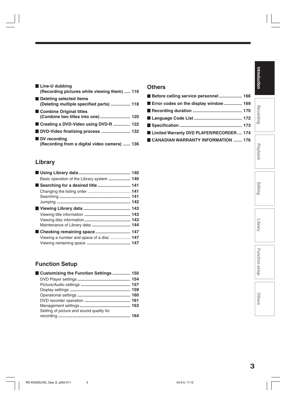 Library, Function setup, Others | Toshiba RD-XS52SC User Manual | Page 3 / 179