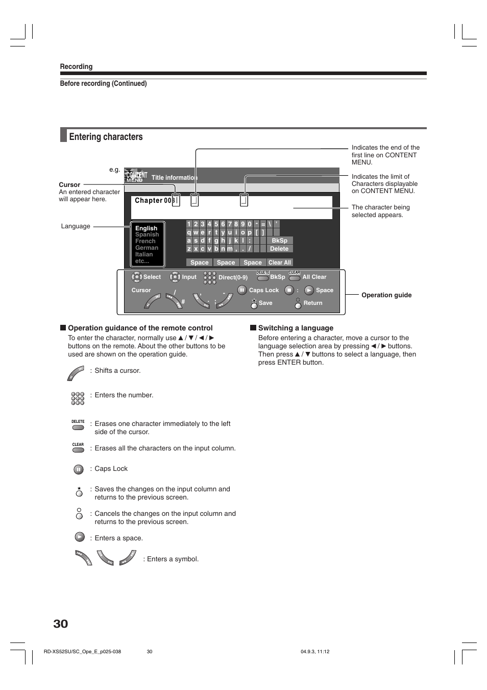 Entering characters | Toshiba RD-XS52SC User Manual | Page 30 / 179