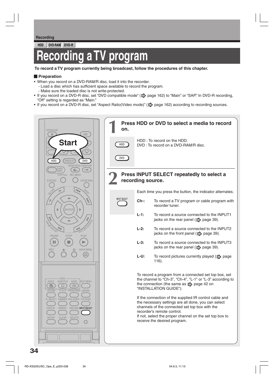 Recording a tv program, Start, Press hdd or dvd to select a media to record on | Toshiba RD-XS52SC User Manual | Page 34 / 179