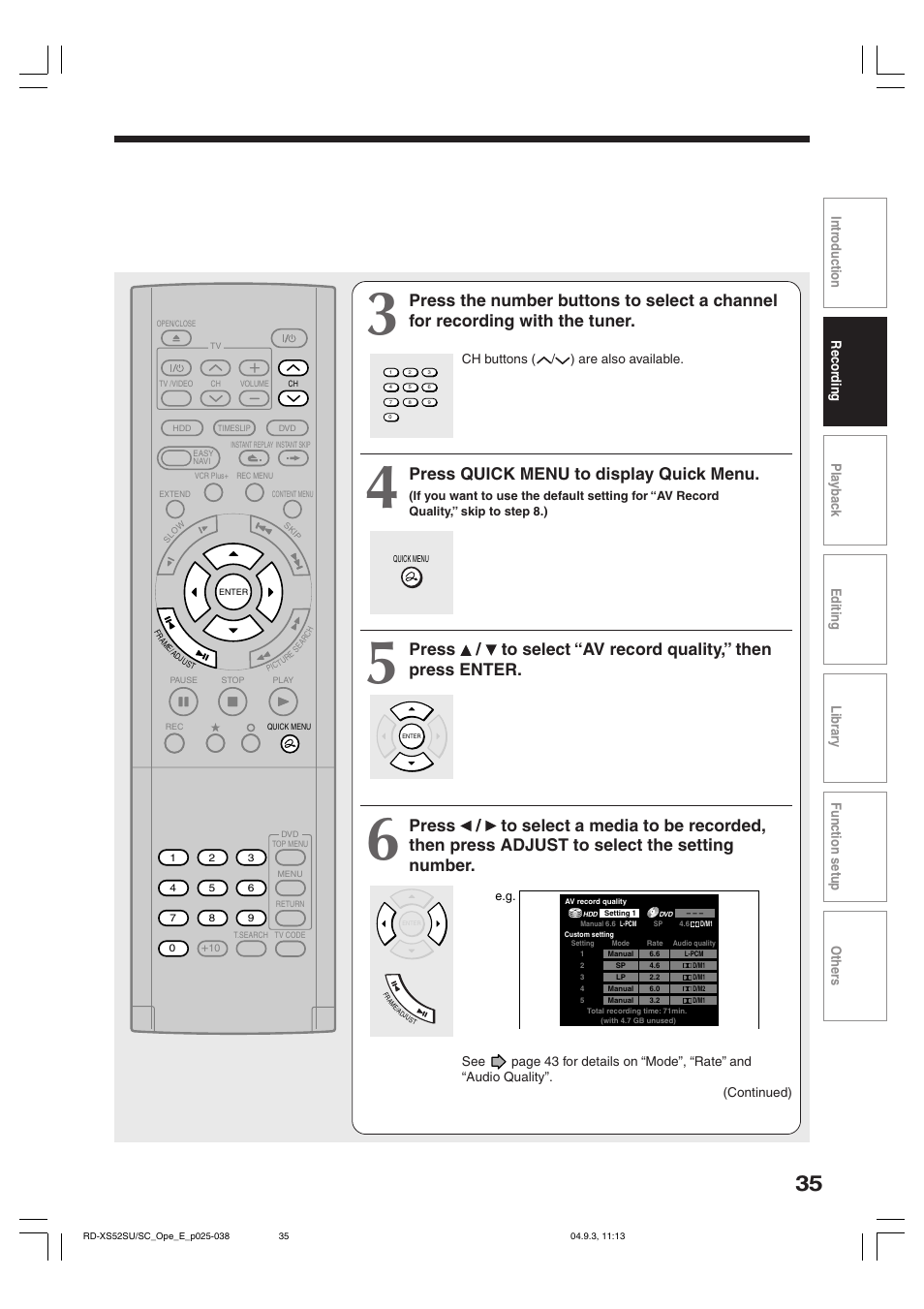 Press quick menu to display quick menu | Toshiba RD-XS52SC User Manual | Page 35 / 179