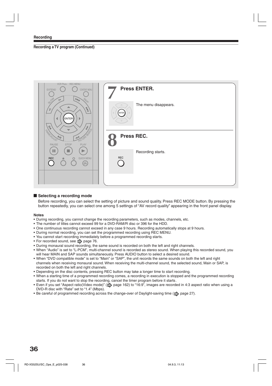 Press enter, Press rec | Toshiba RD-XS52SC User Manual | Page 36 / 179
