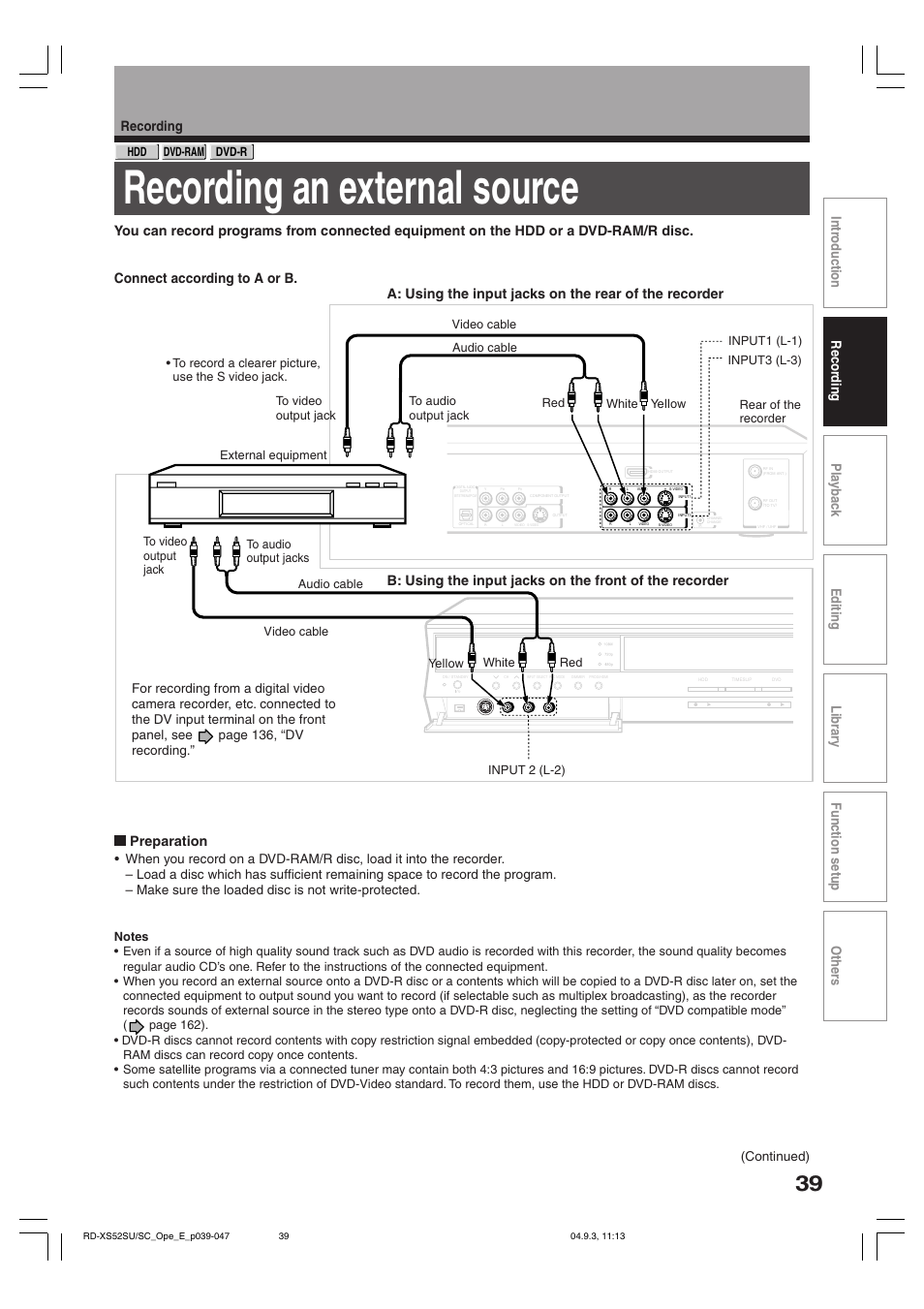 Recording an external source, Preparation, Continued) | Toshiba RD-XS52SC User Manual | Page 39 / 179