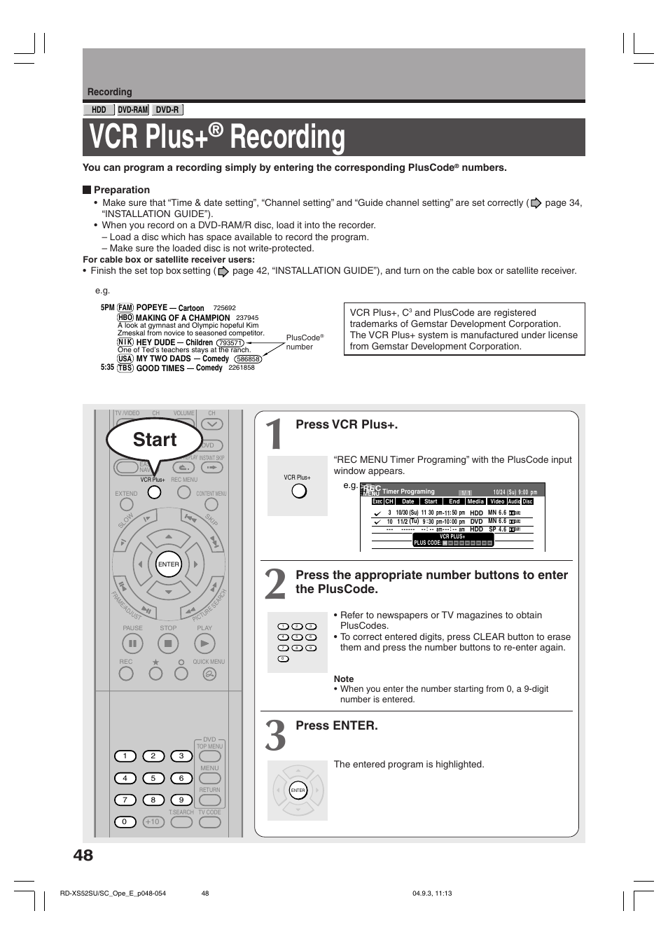 Vcr plus, Recording, Start | Press vcr plus, Press enter | Toshiba RD-XS52SC User Manual | Page 48 / 179
