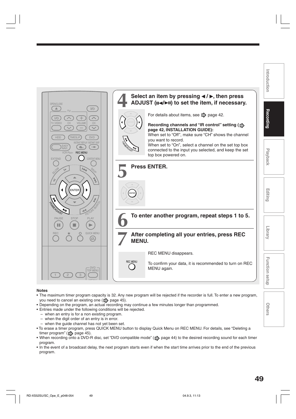 Press enter, After completing all your entries, press rec menu | Toshiba RD-XS52SC User Manual | Page 49 / 179