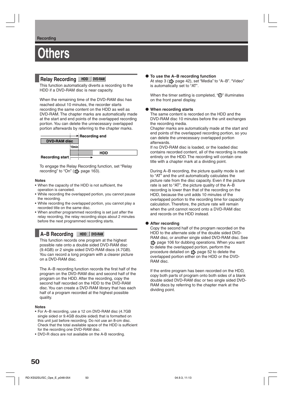 Others, Relay recording, A–b recording | Toshiba RD-XS52SC User Manual | Page 50 / 179