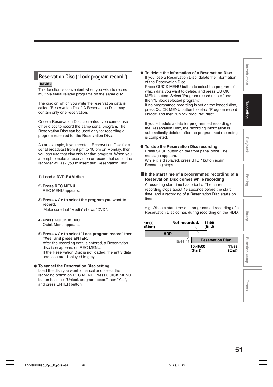 Reservation disc (“lock program record”) | Toshiba RD-XS52SC User Manual | Page 51 / 179