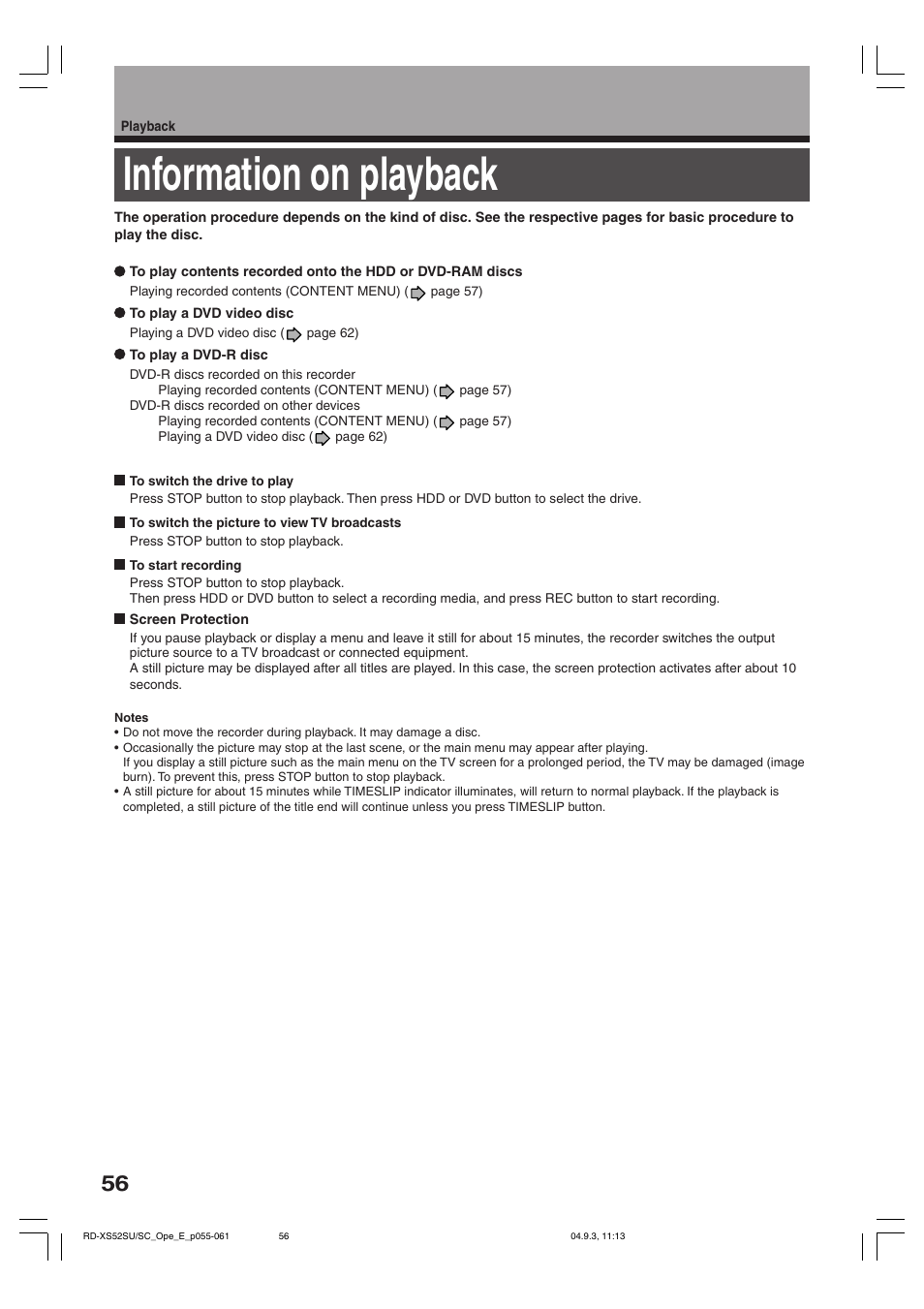 Information on playback | Toshiba RD-XS52SC User Manual | Page 56 / 179