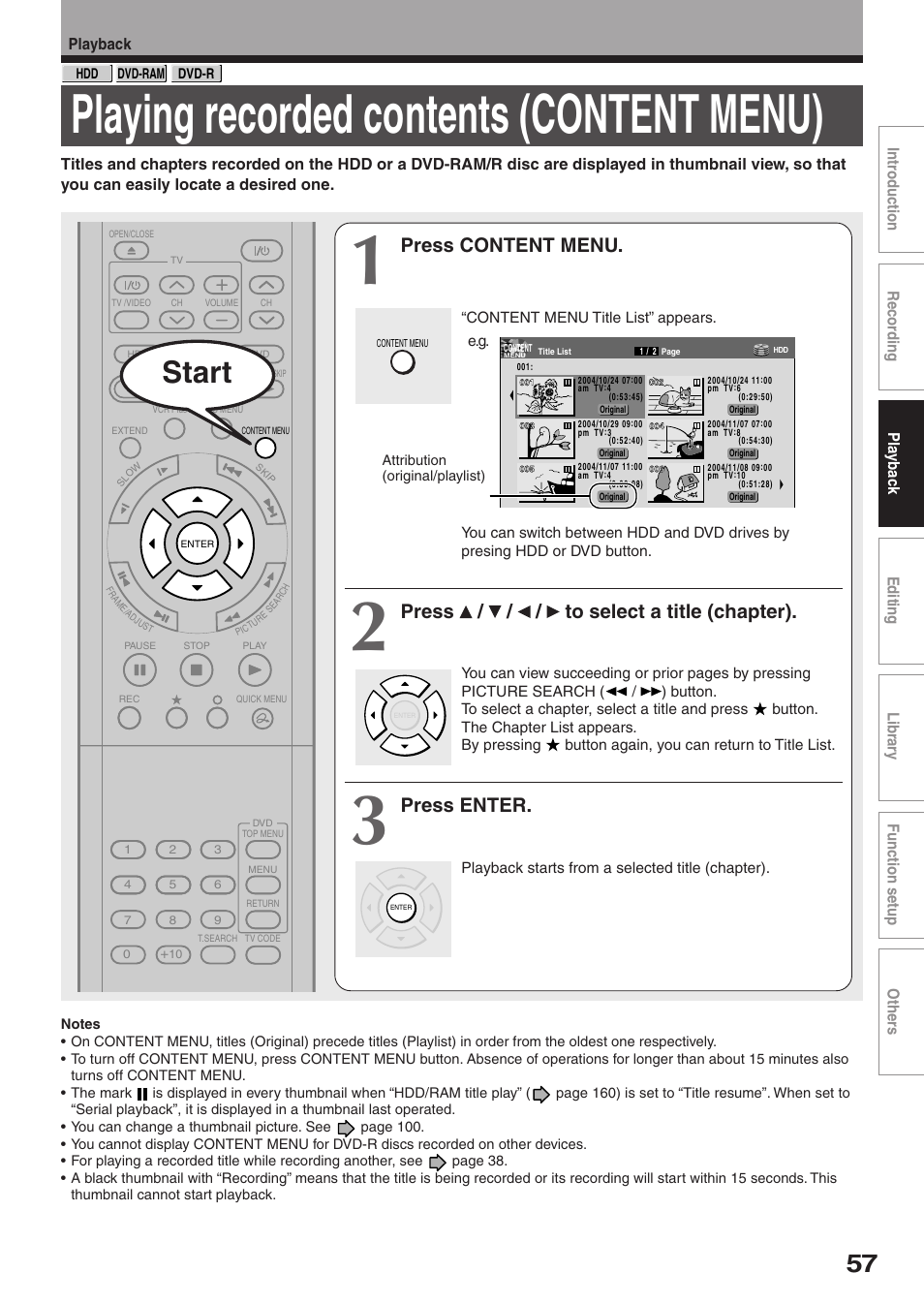 Playing recorded contents (content menu), Start, Press content menu | Press / / / to select a title (chapter), Press enter | Toshiba RD-XS52SC User Manual | Page 57 / 179