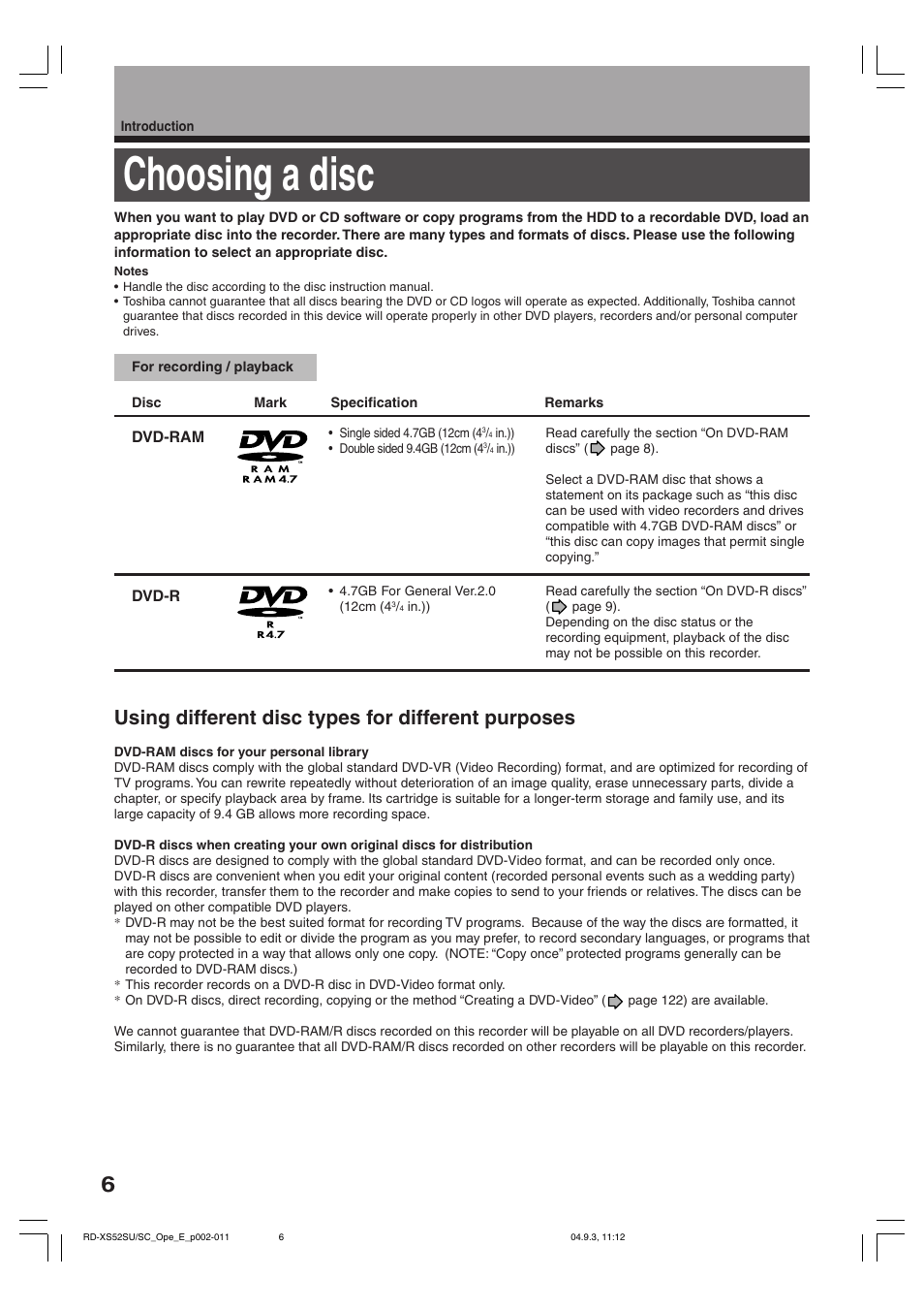 Choosing a disc, Using different disc types for different purposes | Toshiba RD-XS52SC User Manual | Page 6 / 179