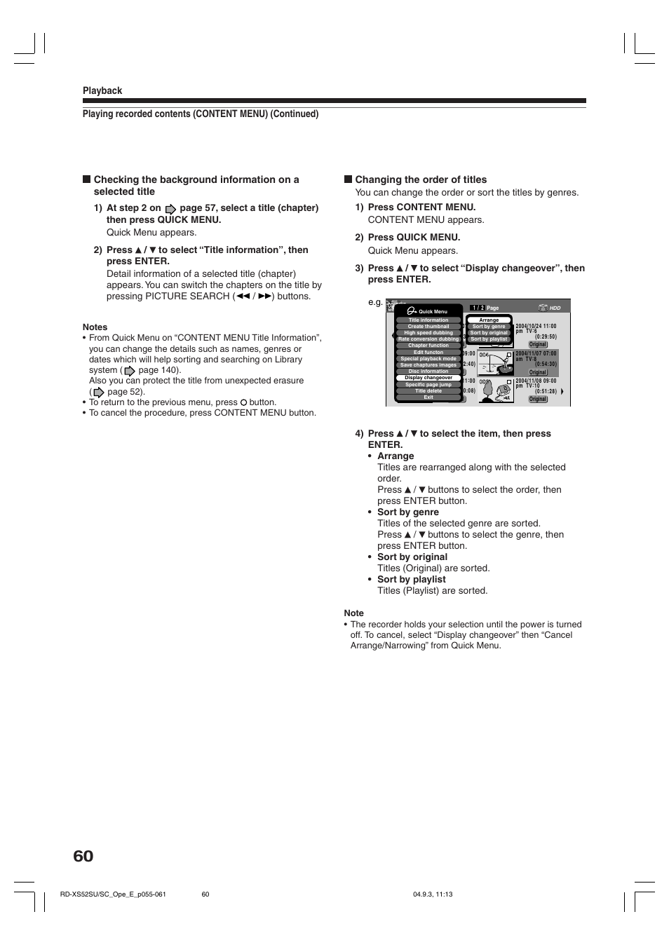 Changing the order of titles | Toshiba RD-XS52SC User Manual | Page 60 / 179