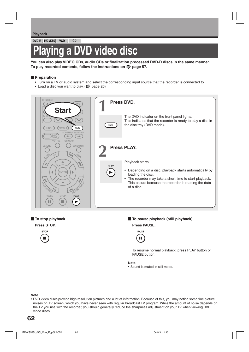 Playing a dvd video disc, Start, Press dvd | Press play | Toshiba RD-XS52SC User Manual | Page 62 / 179