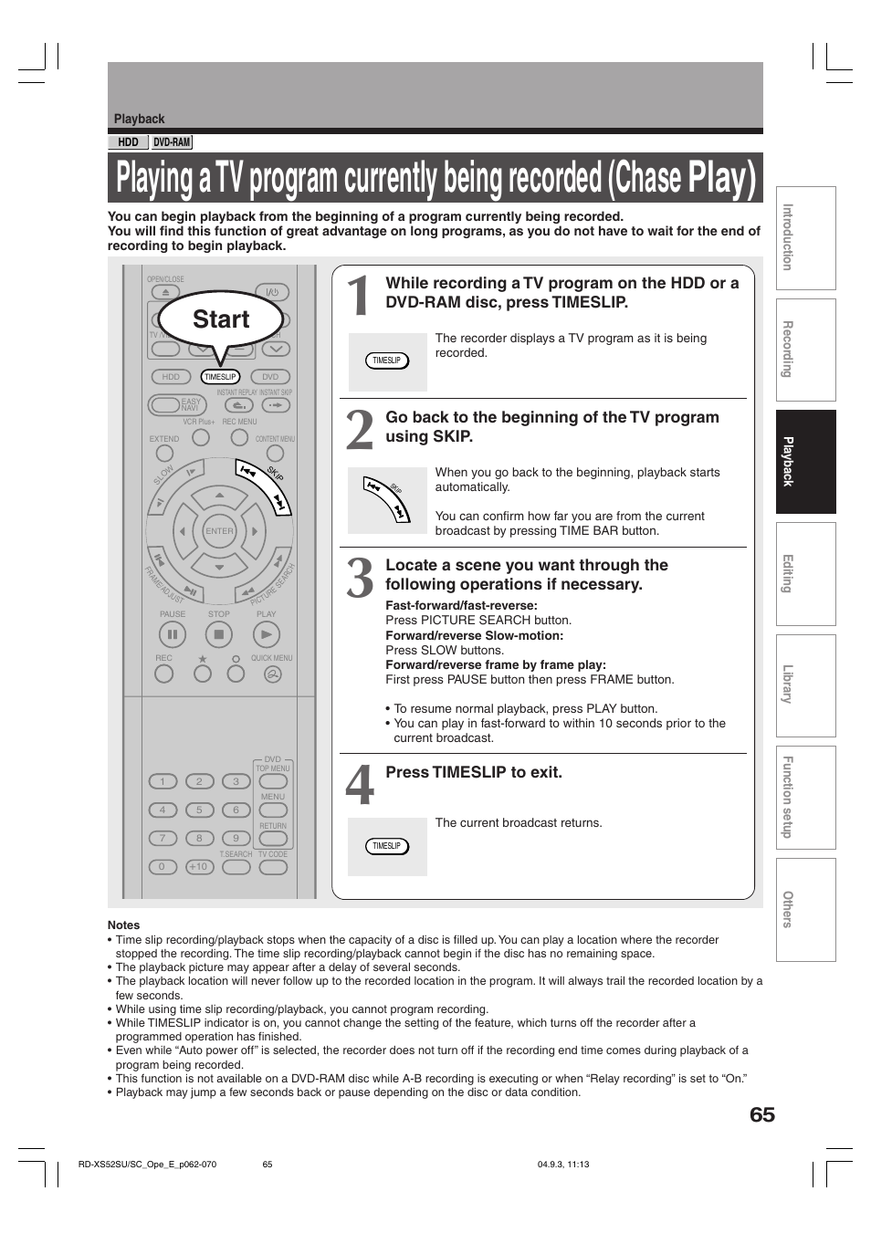 Start, Press timeslip to exit | Toshiba RD-XS52SC User Manual | Page 65 / 179