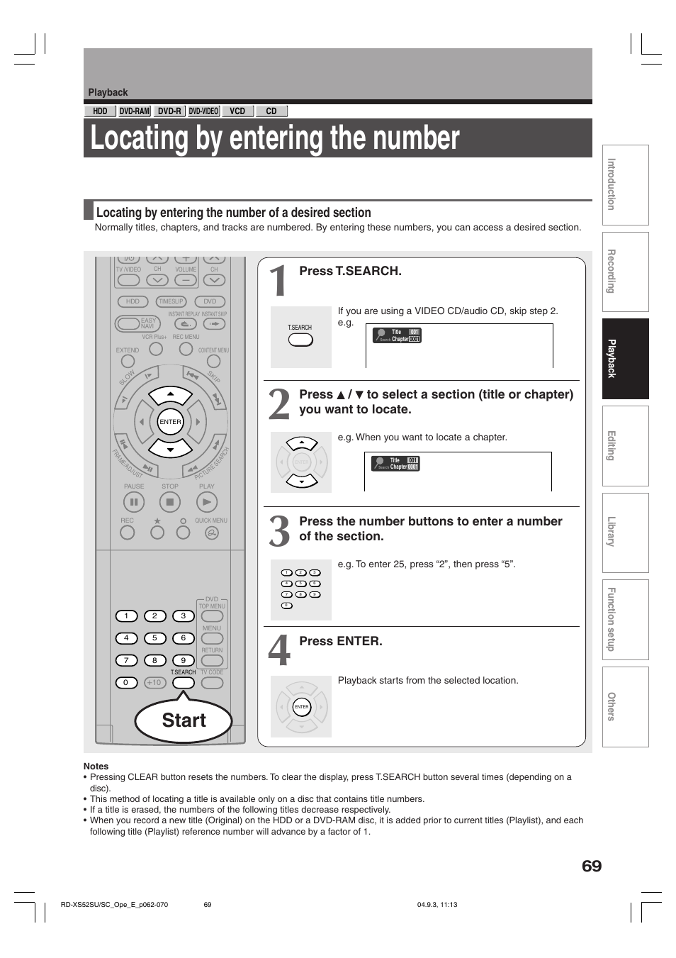 Locating by entering the number, Start, Press t.search | Press enter | Toshiba RD-XS52SC User Manual | Page 69 / 179