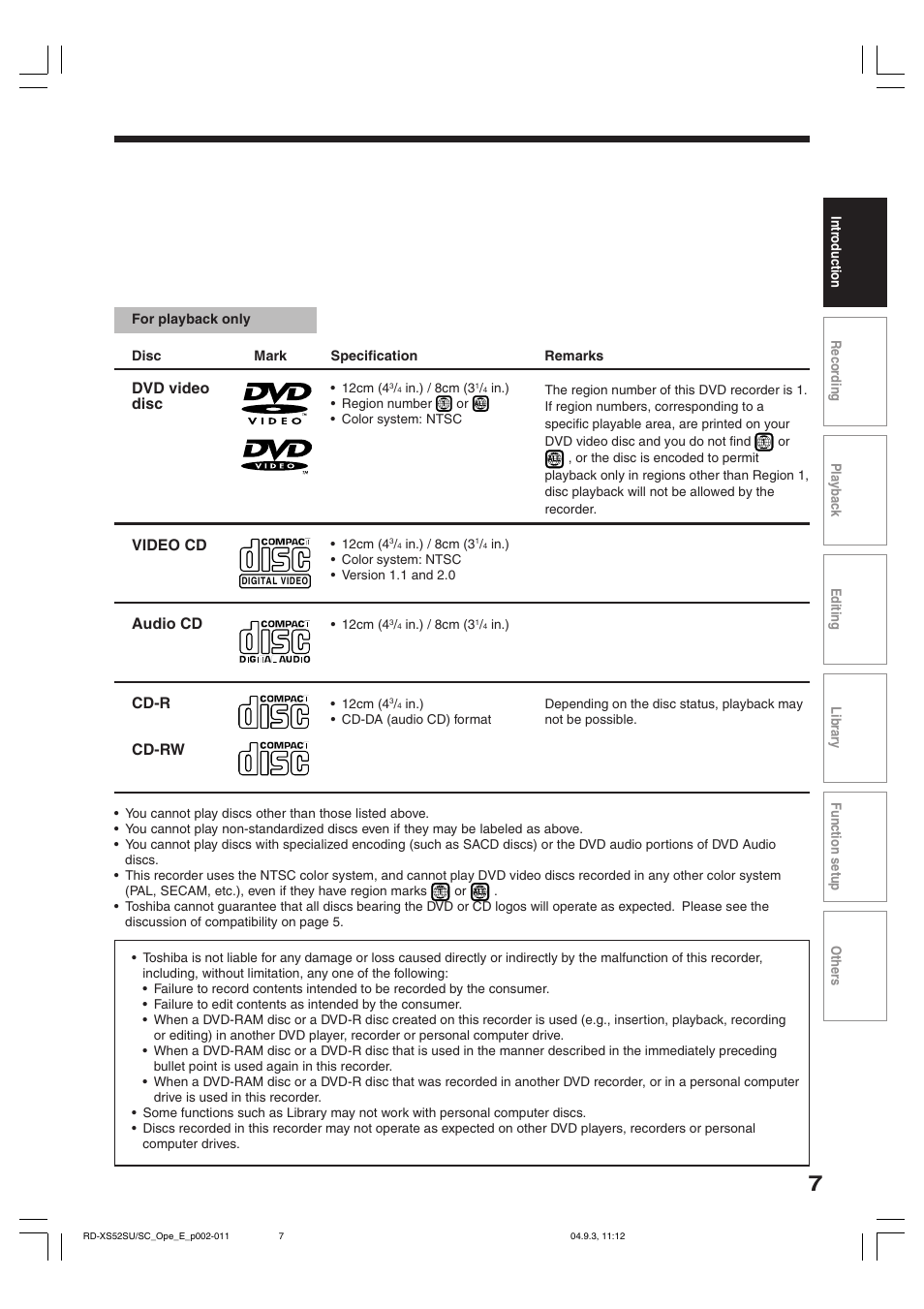 Dvd video disc, Cd-r cd-rw video cd, Audio cd | Toshiba RD-XS52SC User Manual | Page 7 / 179